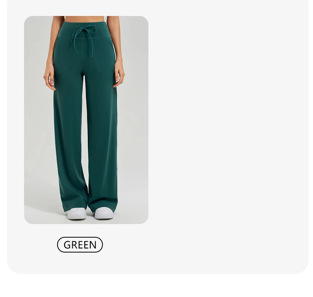 KiKis Women's High Waist Loose Running Yoga Pants in green with drawstring waist and wide leg fit