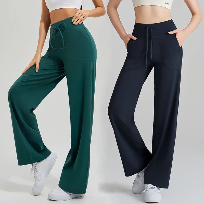 KiKis Women's High Waist Loose Running Yoga Pants in green and black with drawstring and pockets