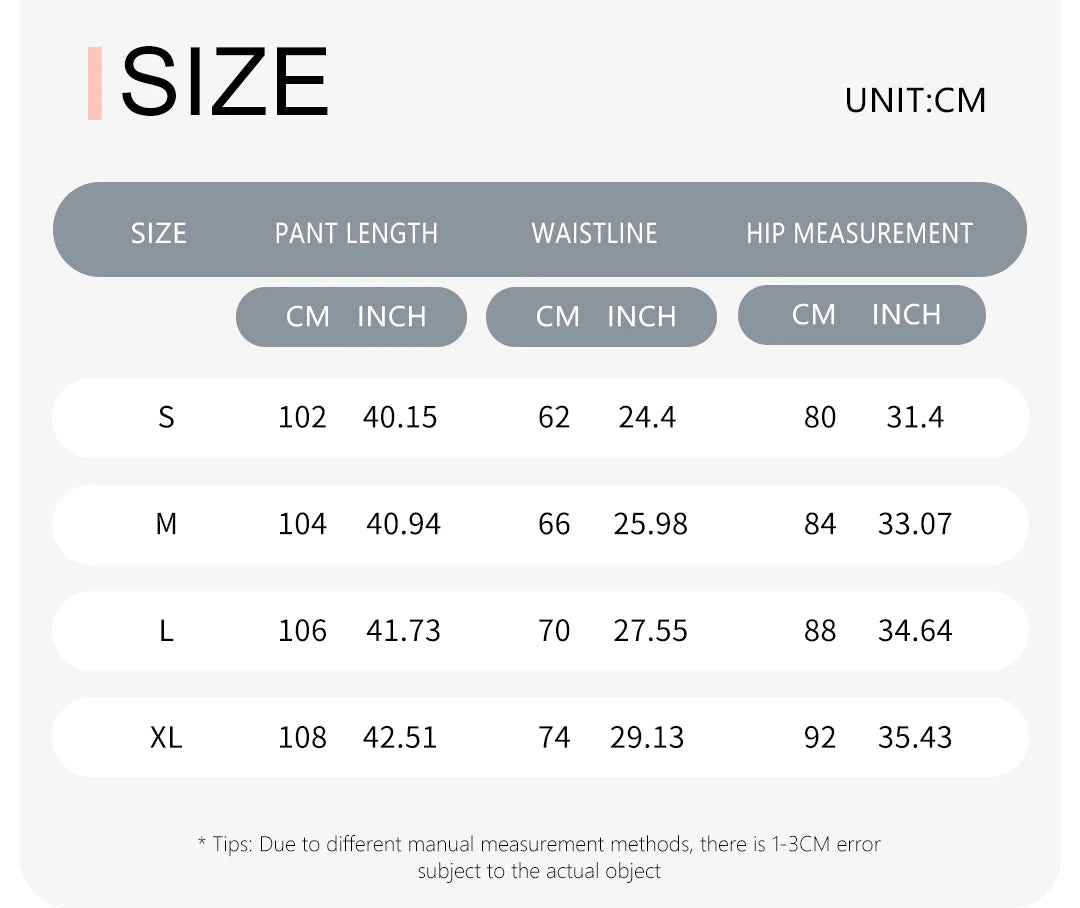 Size chart showing measurements for women's high waist loose running yoga pants in small to XL sizes