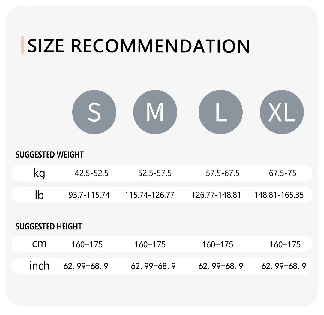 Size recommendation chart for Women's High Waist Loose Running Yoga Pants showing small to extra large sizes with suggested weight and height ranges