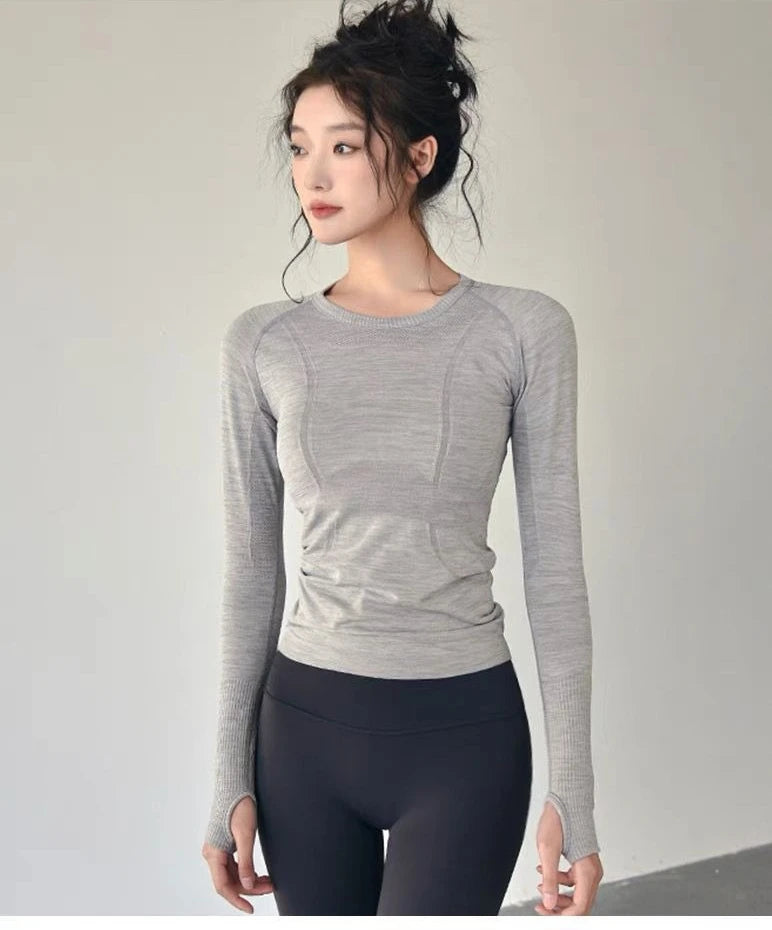 KiKis women's long sleeve yoga top in light gray fitted style perfect for active workouts
