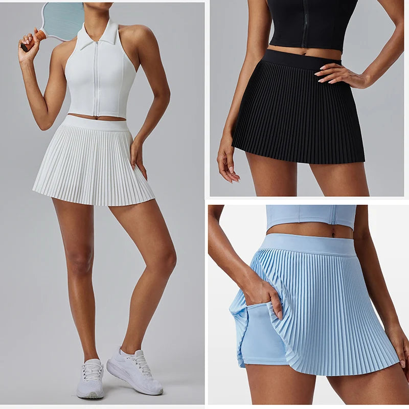 KiKis Women's Organ Pleated Tennis Skirt in white black and blue with comfortable fit and stylish design