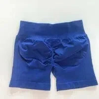 KiKis women's peach hip yoga shorts in blue with high waist and ruched back design