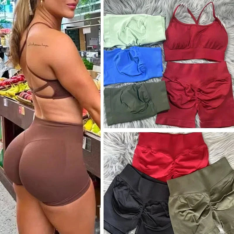 KiKis women's peach hip yoga shorts displayed in various colors and worn by a model showing fit and style