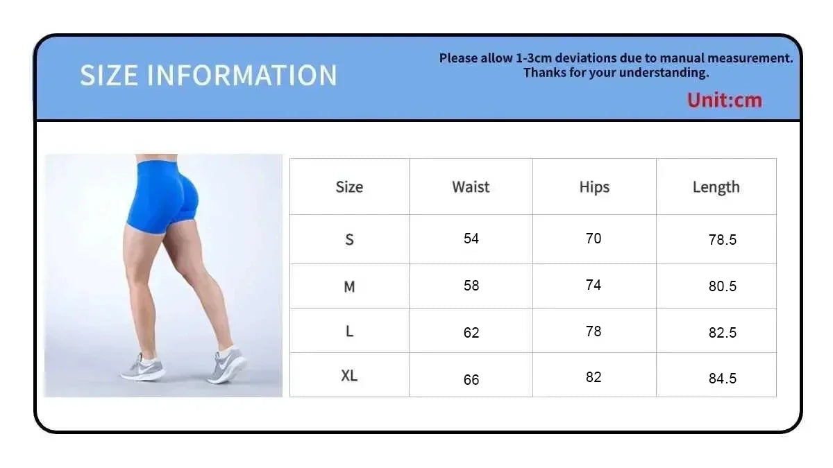 Size chart for KiKis women's peach hip yoga shorts showing waist hips and length measurements