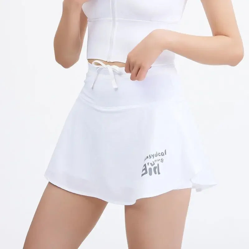 KiKis white women's quick dry tennis skirt with adjustable drawstring waist and graphic detail