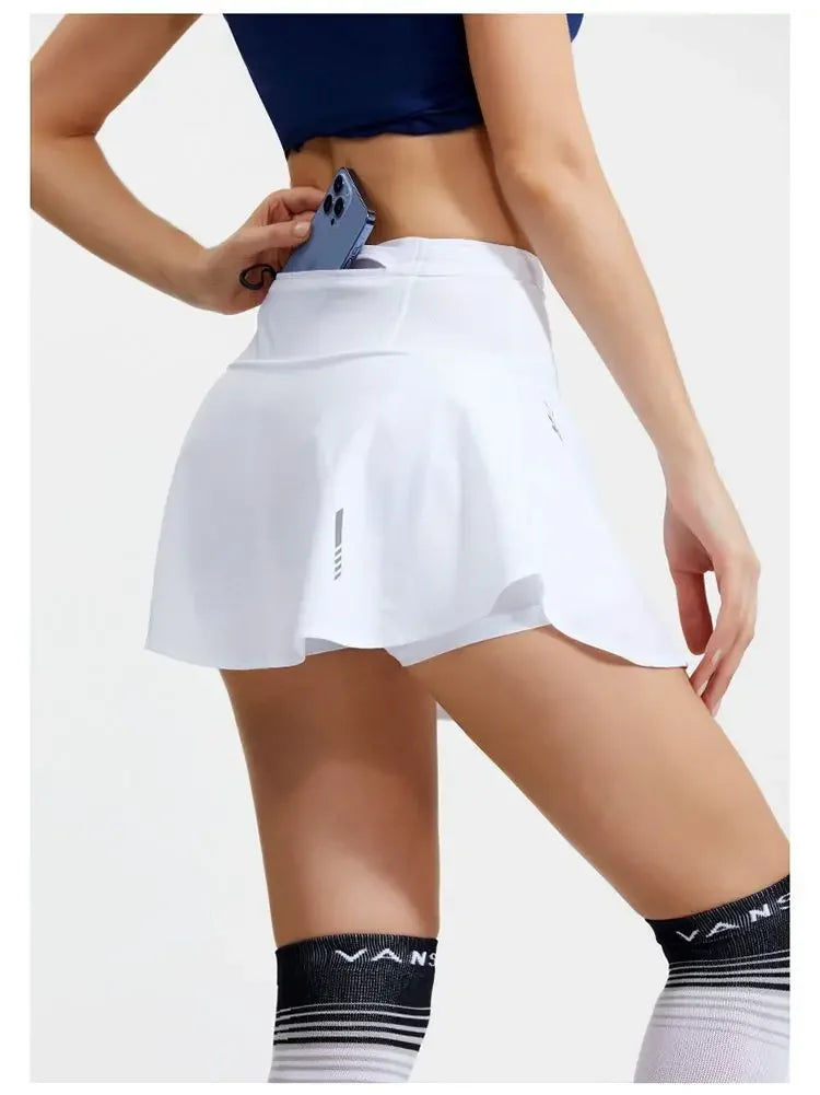 KiKis women's quick dry tennis skirt in white with pocket for phone and comfortable fit
