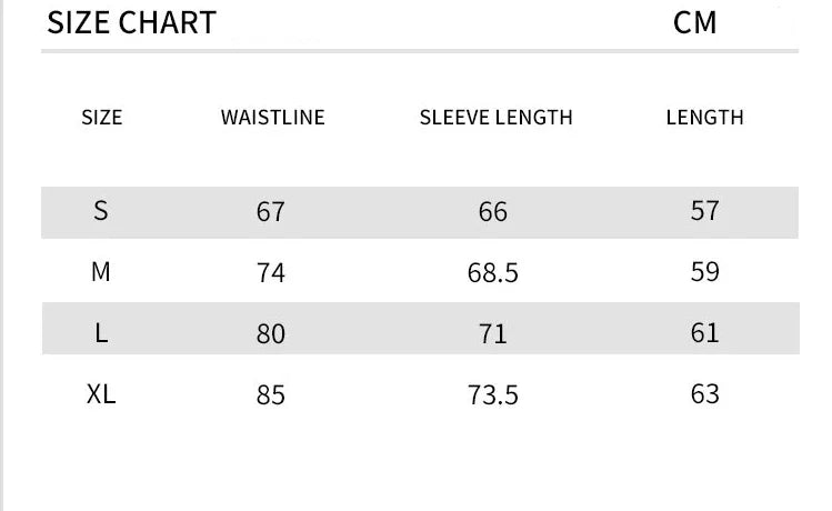 Size chart for women's quick dry workout shirt showing waistline sleeve length and shirt length in centimeters for sizes S to XL