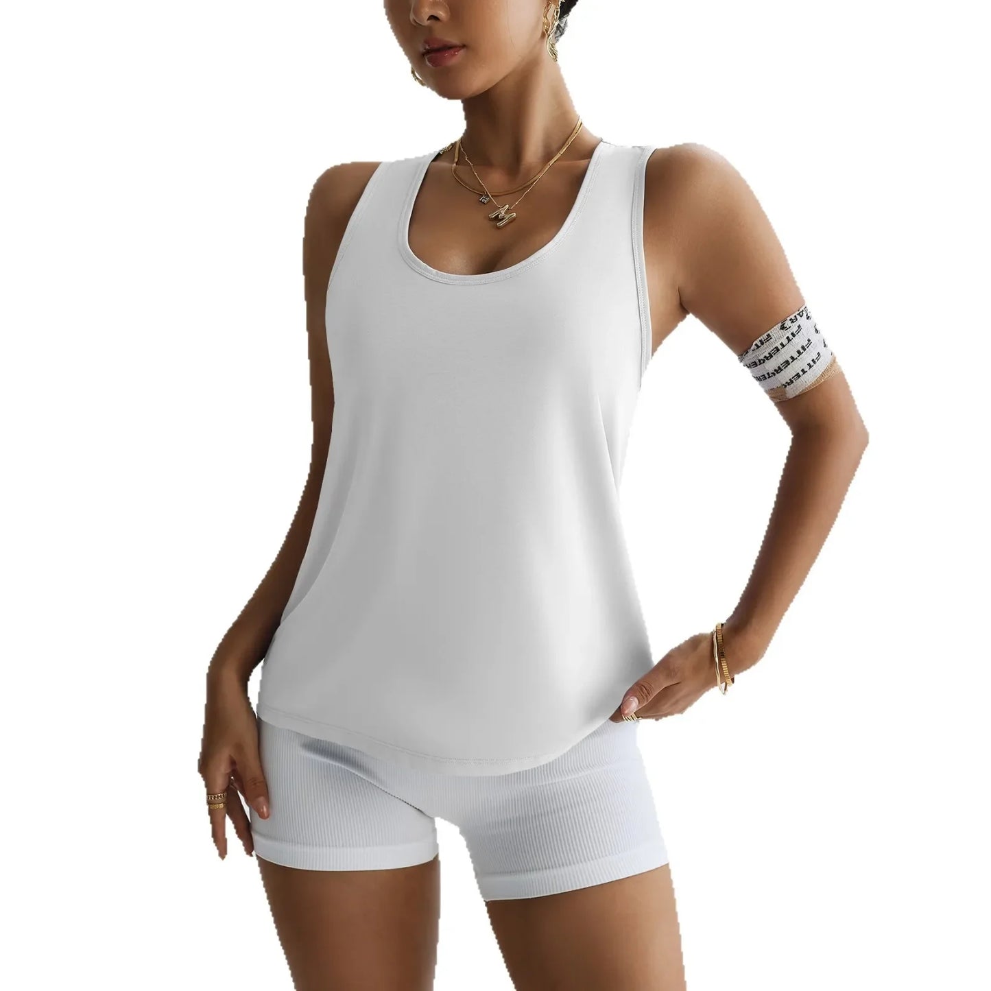 KiKis women's quick dry yoga top in white sleeveless design paired with matching shorts