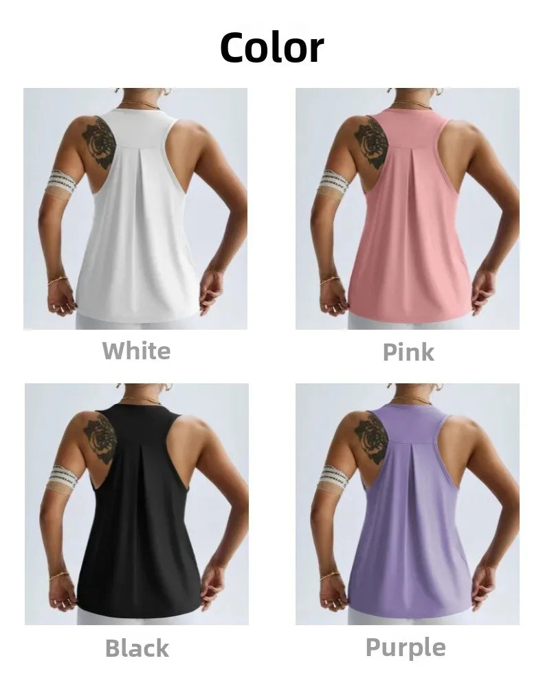 Women’s quick dry yoga top in white pink black and purple colors shown from back