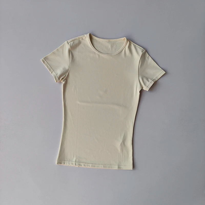 KiKis beige women's quick-dry yoga tops with short sleeves and round neckline