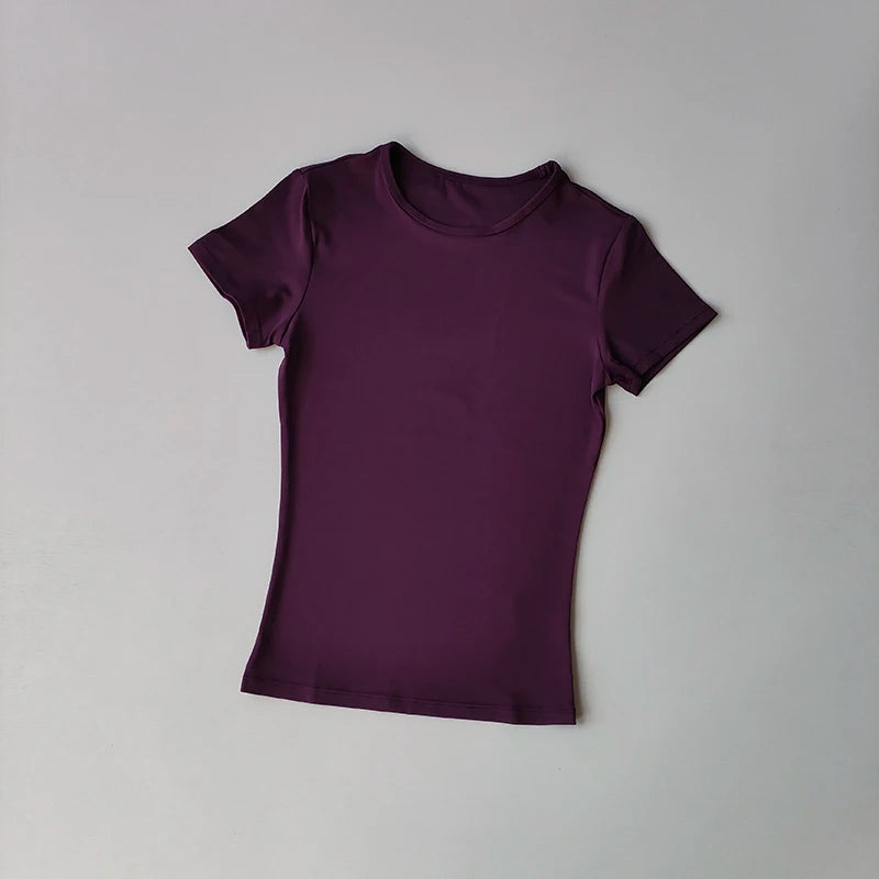 KiKis women's quick-dry yoga tops in solid dark purple with short sleeves and round neck
