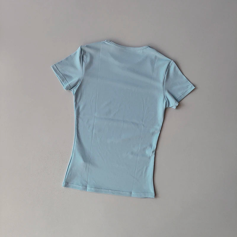KiKis women's quick-dry yoga tops in light blue short sleeve fitted design