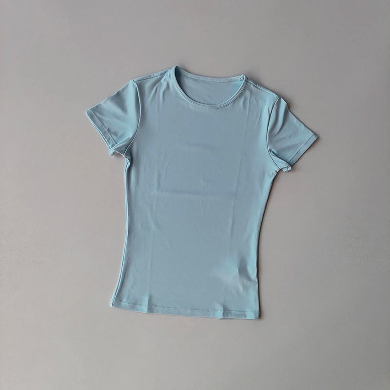 KiKis light blue women's quick-dry yoga tops with short sleeves and crew neck design