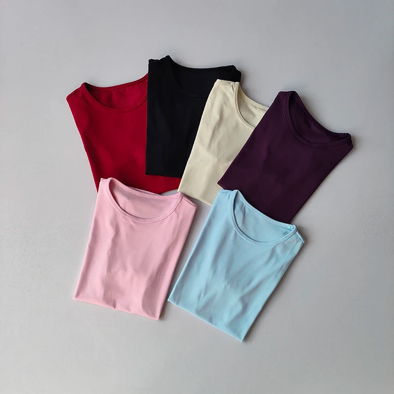 KiKis women's quick-dry yoga tops in six colors including red, black, cream, purple, pink, and light blue