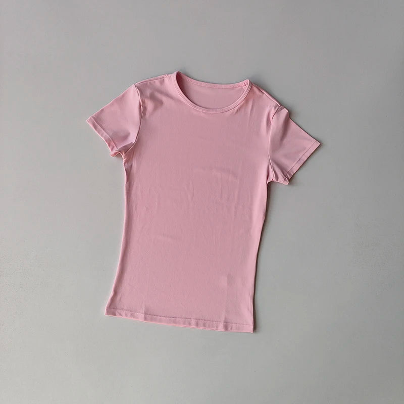 KiKis pink women's quick-dry yoga tops with short sleeves and crew neck for comfort