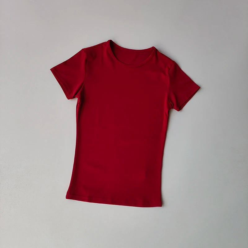 KiKis red women's quick-dry yoga tops with short sleeves and crew neck for workout comfort