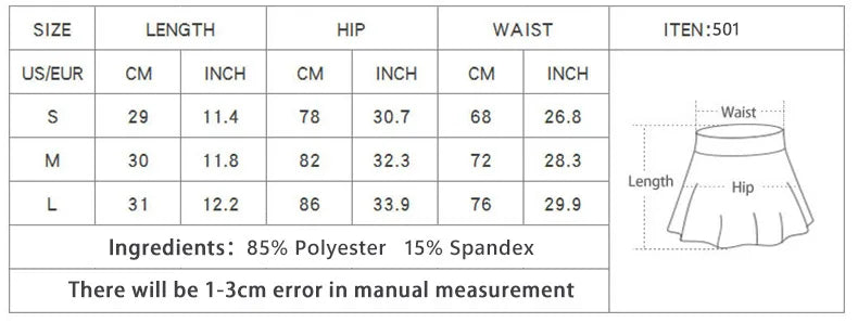 Size chart for KiKis women's quick drying yoga shorts with measurements in centimeters and inches