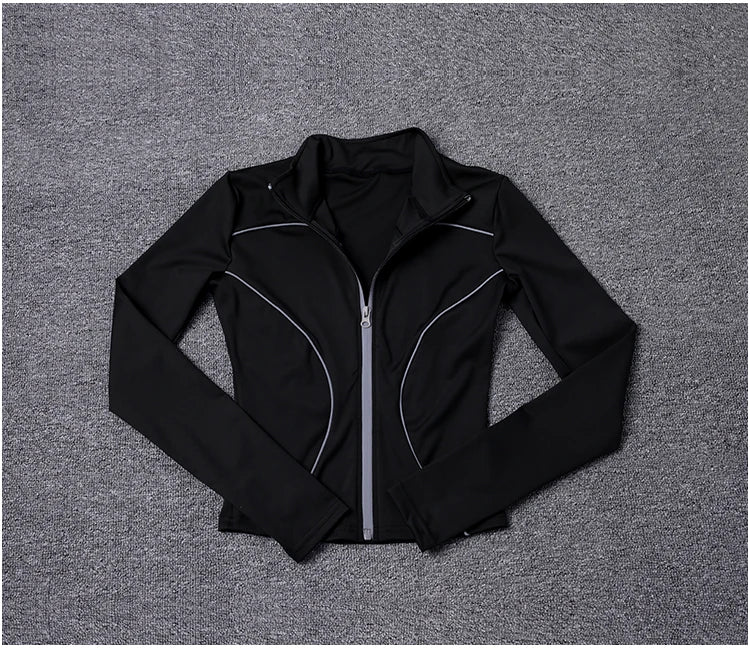 KiKis black women's reflective yoga jacket with full zip and reflective piping details