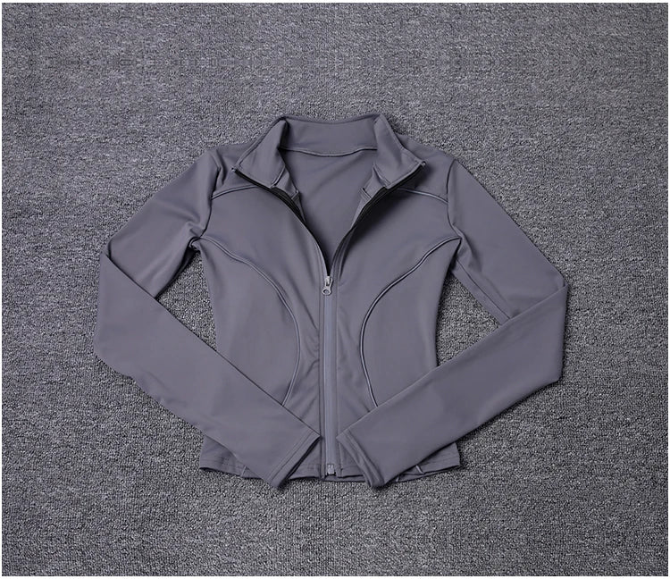 KiKis women's reflective yoga jacket in gray with full zipper and fitted design