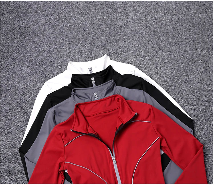 KiKis women's reflective yoga jacket in red, gray, black, and white colors with zip-up front
