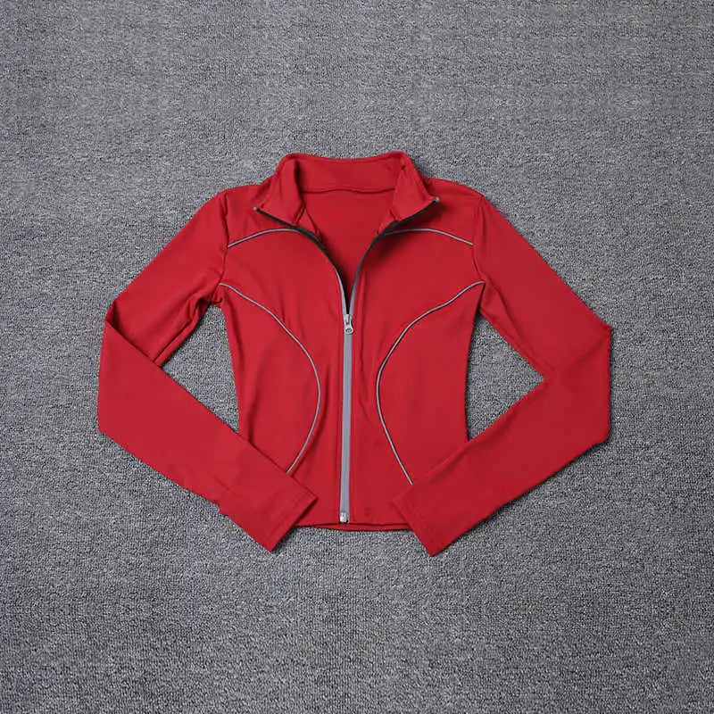 KiKis women's reflective yoga jacket in red with full zipper and long sleeves
