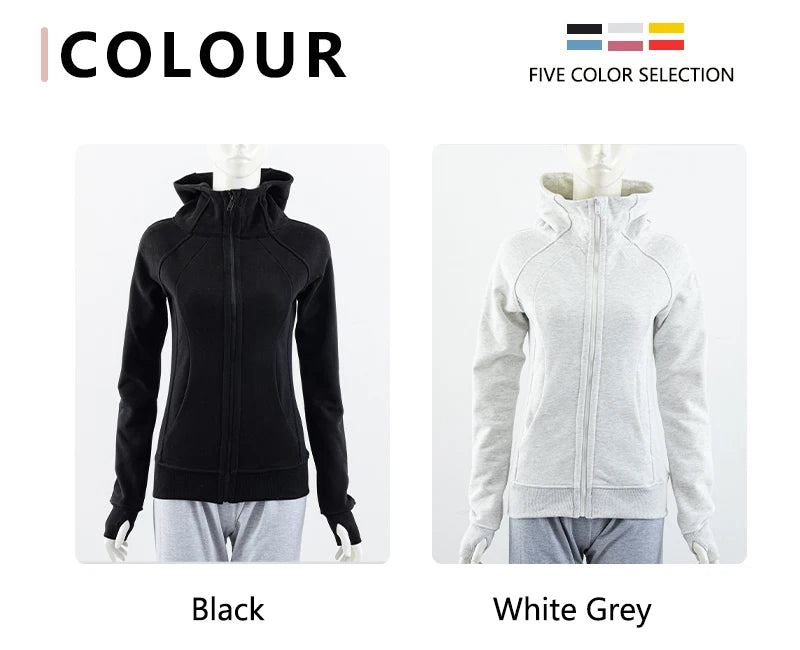 KiKis women's running zip up hoodie in black and white grey color options with front zipper and hood
