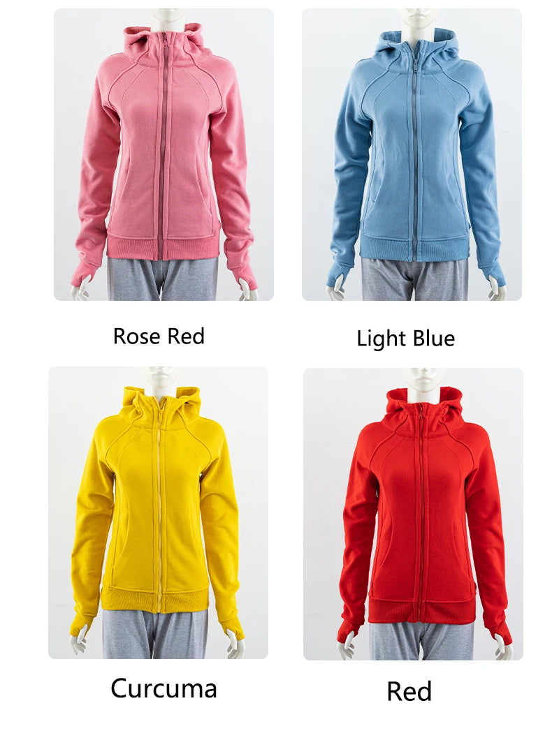 KiKis women's running zip up hoodie available in rose red light blue curcuma and red colors