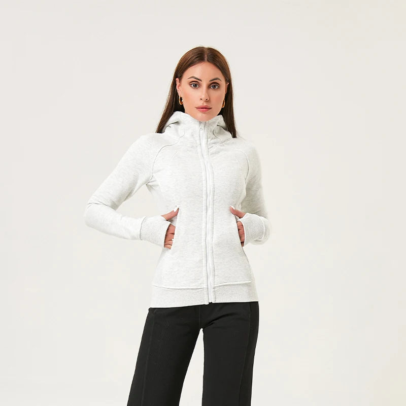 KiKis women's running zip up hoodie in light gray with hood and thumb holes