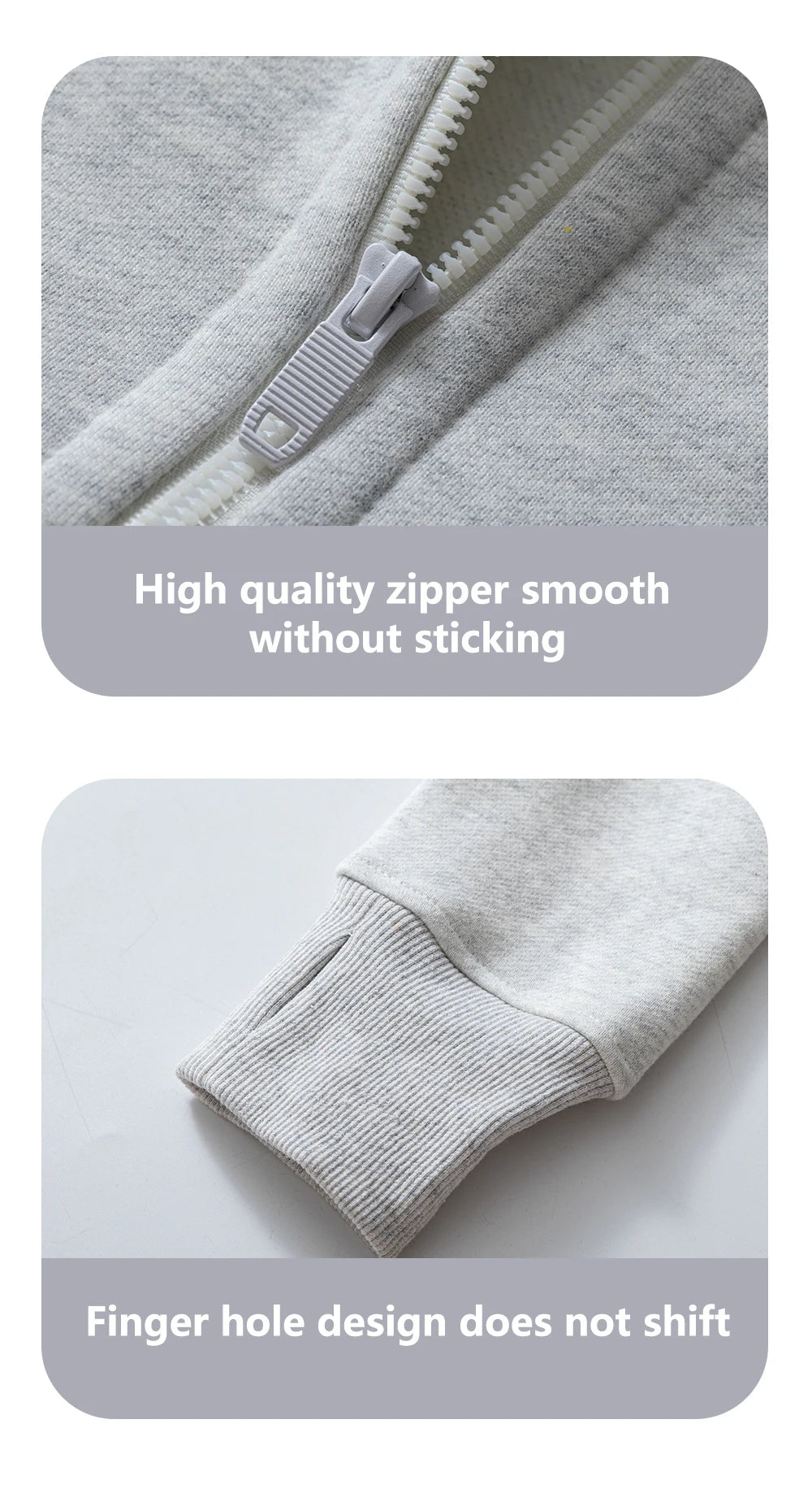 Close-up of high quality zipper and finger hole cuff on women's running zip up hoodie by KiKis in light gray