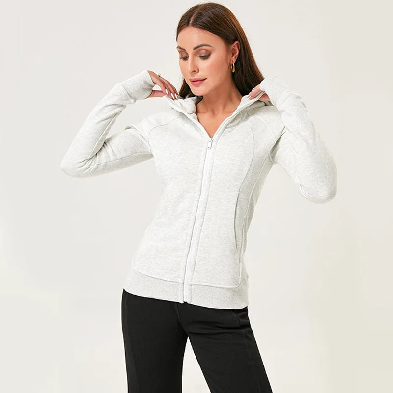 KiKis women's running zip up hoodie in light gray with a slim fit and full zipper