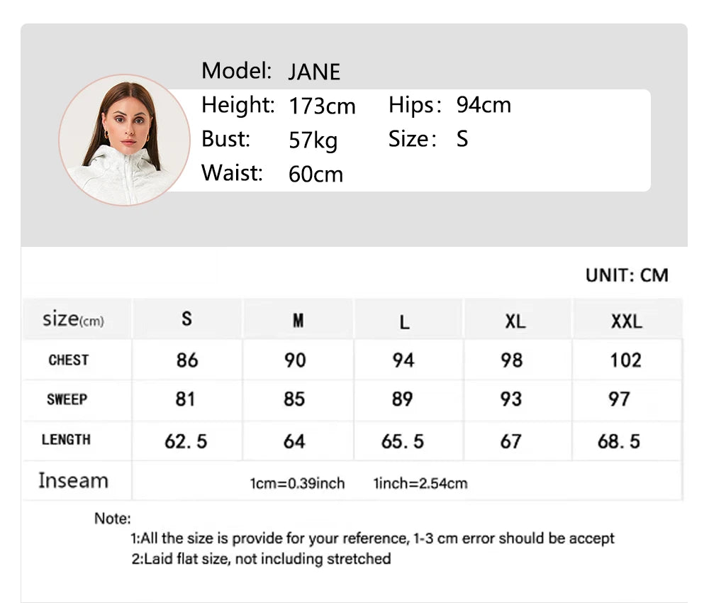 Size chart for KiKis women's running zip up hoodie with measurements for chest, sweep, length, and inseam in centimeters
