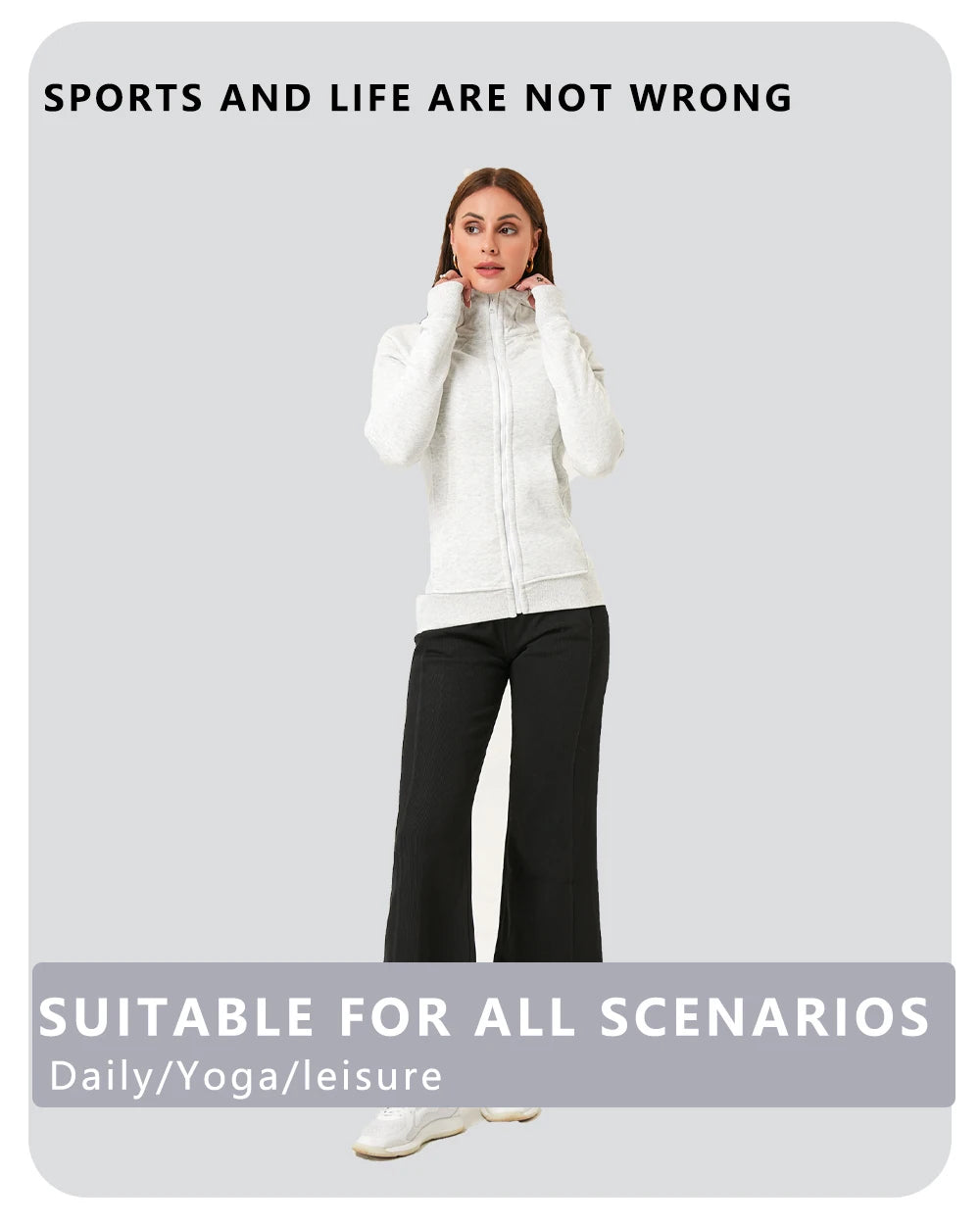 KiKis women's running zip up hoodie in white worn for daily yoga and leisure activities