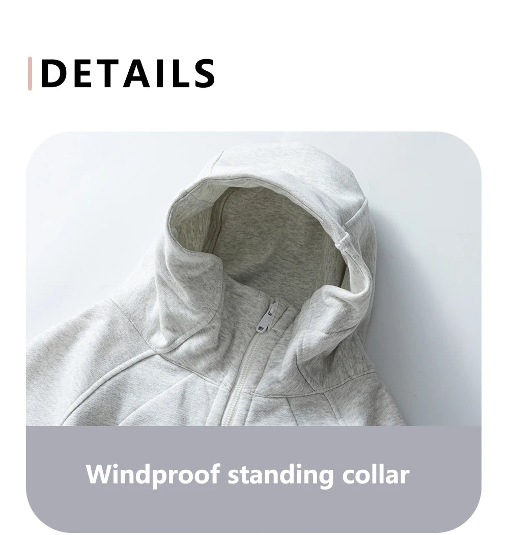 Close-up of a gray women's running zip up hoodie with windproof standing collar by KiKis