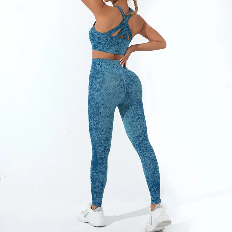 KiKis women's seamless yoga set in blue showing back design with high-waisted leggings and strappy sports bra