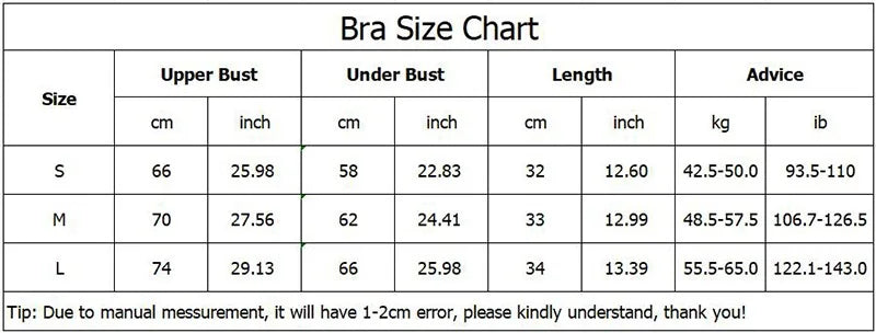 Bra size chart for women's seamless yoga set showing measurements for small medium and large sizes