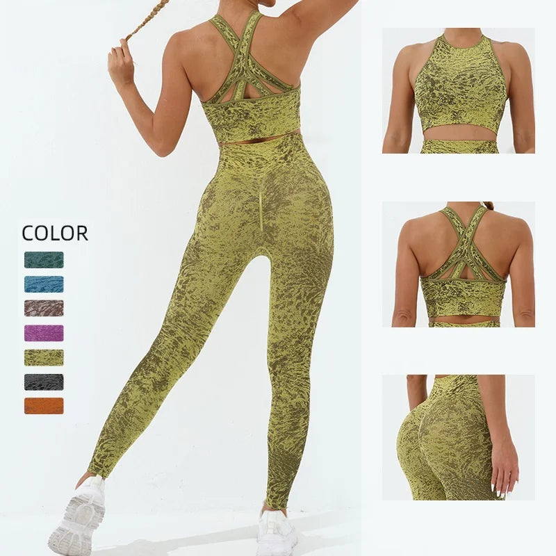 KiKis women's seamless yoga set in olive green with high waist leggings and cross back sports bra
