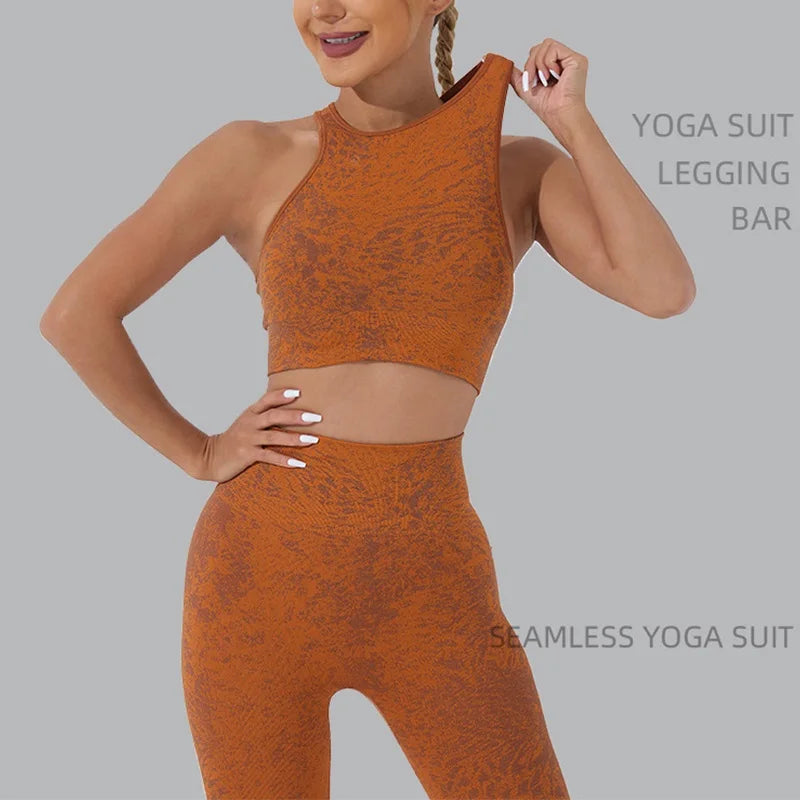 KiKis women's seamless yoga set in burnt orange with high-waisted leggings and a sleeveless crop top