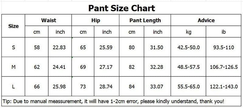 KiKis size chart for women's seamless yoga set pants showing waist hip pant length and weight advice