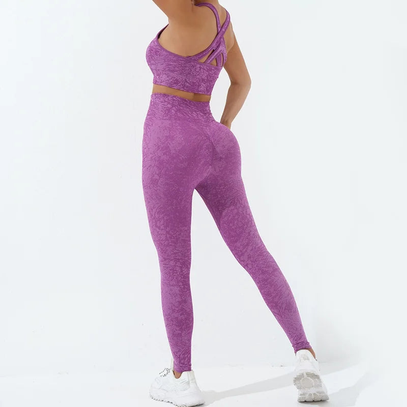 KiKis women's seamless yoga set in purple with matching top and high-waisted leggings worn with white sneakers