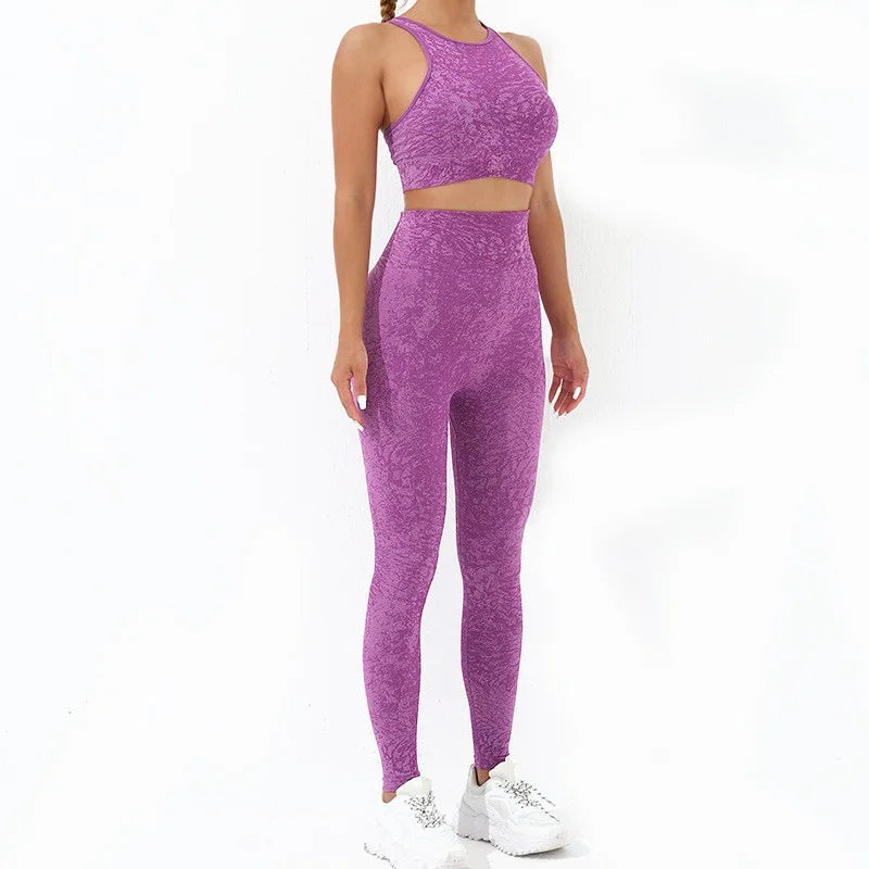 KiKis women's seamless yoga set in purple with high-waisted leggings and a sleeveless crop top