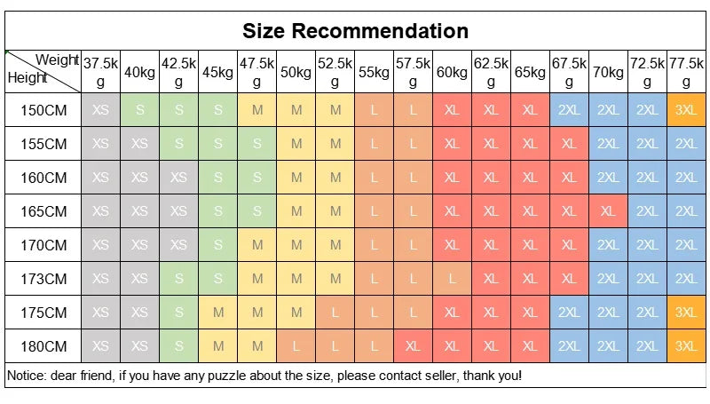 Size recommendation chart for women’s seamless yoga set by KiKis showing weight and height measurements for XS to 3XL sizes