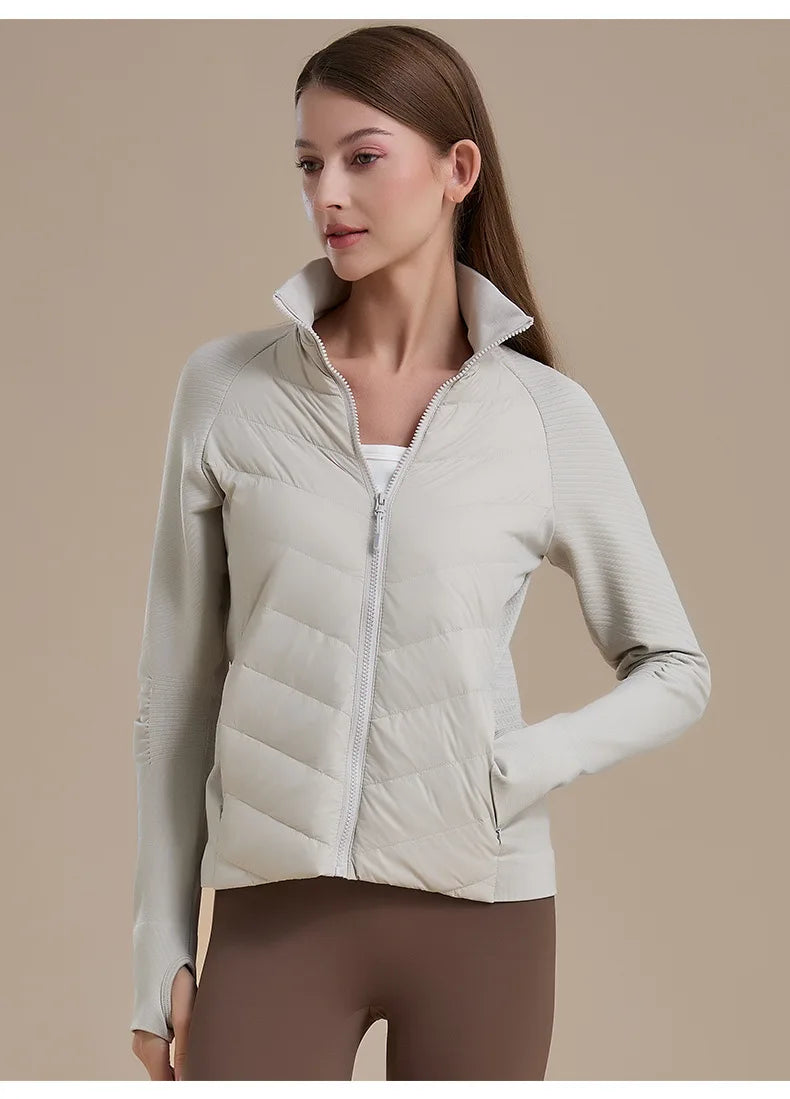 KiKis women's short down jacket in light gray with full zip and high collar for casual wear
