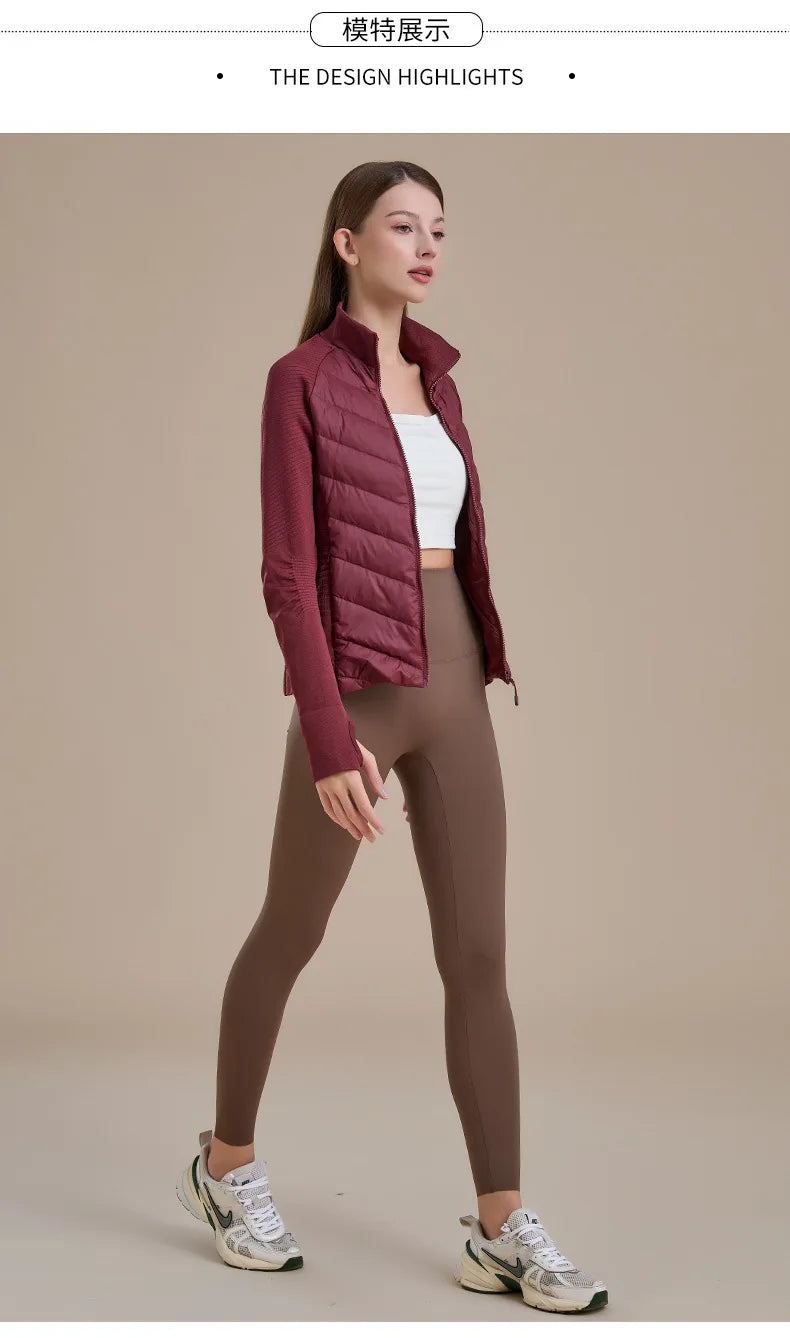 KiKis women's short down jacket in burgundy with a high collar and slim fit design