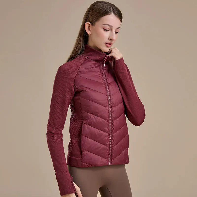 KiKis women's short down jacket in maroon with quilted front and fitted sleeves