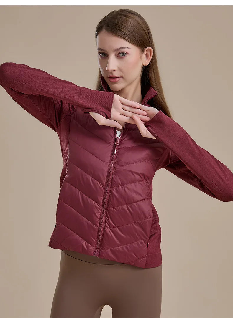 KiKis women's short down jacket in maroon with quilted front and zip closure