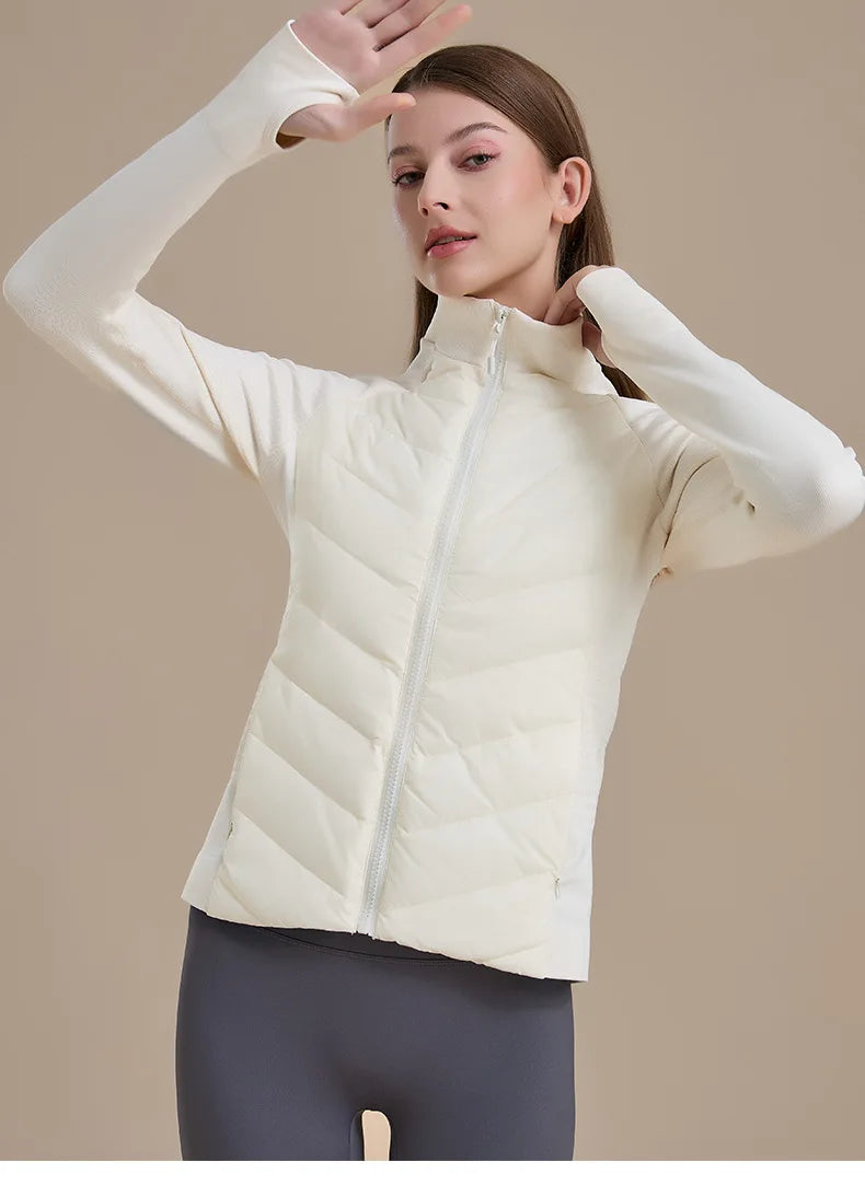 KiKis women's short down jacket in white with zip-up front and high collar