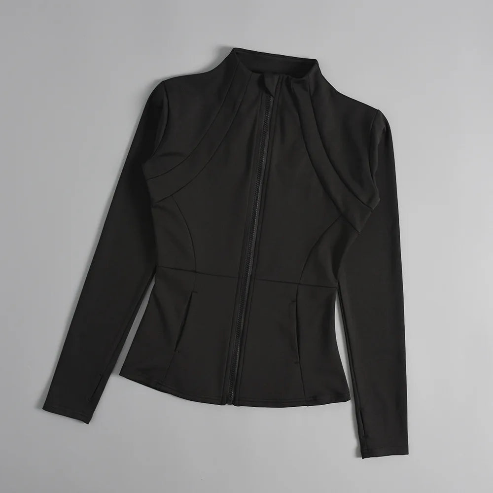 KiKis black women's slim fit sports coat with full front zipper and long sleeves