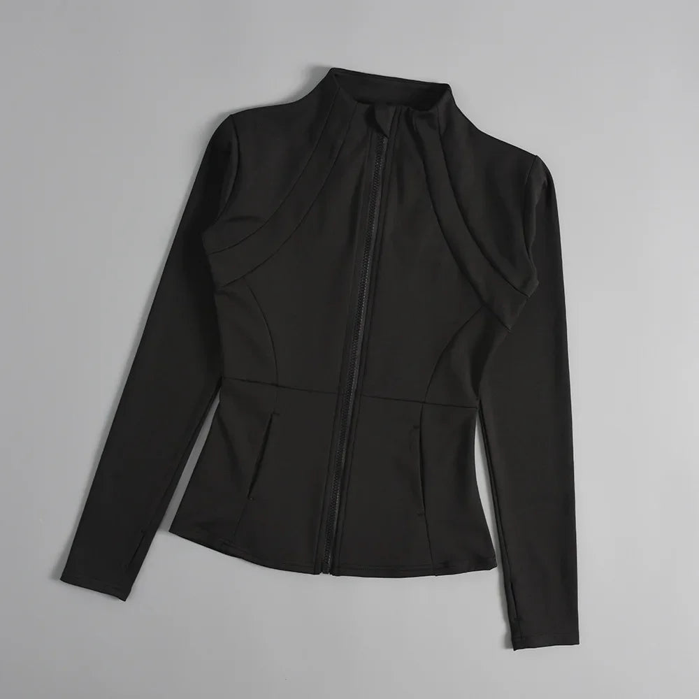 KiKis black women's slim fit sports coat with full zipper and long sleeves
