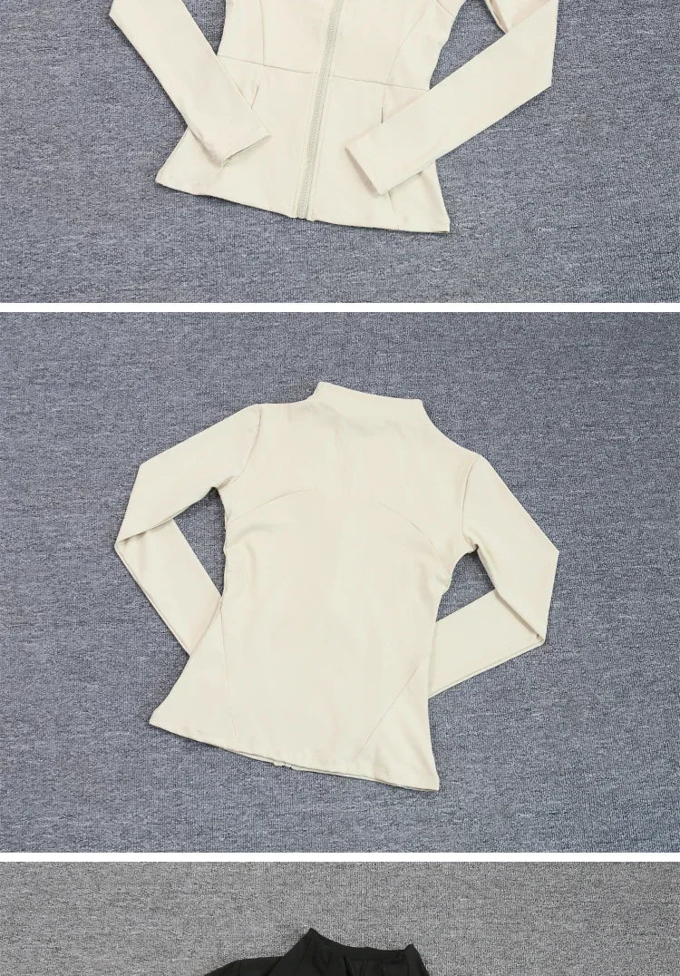 KiKis women's slim fit sports coat in beige displayed from front and back on gray background
